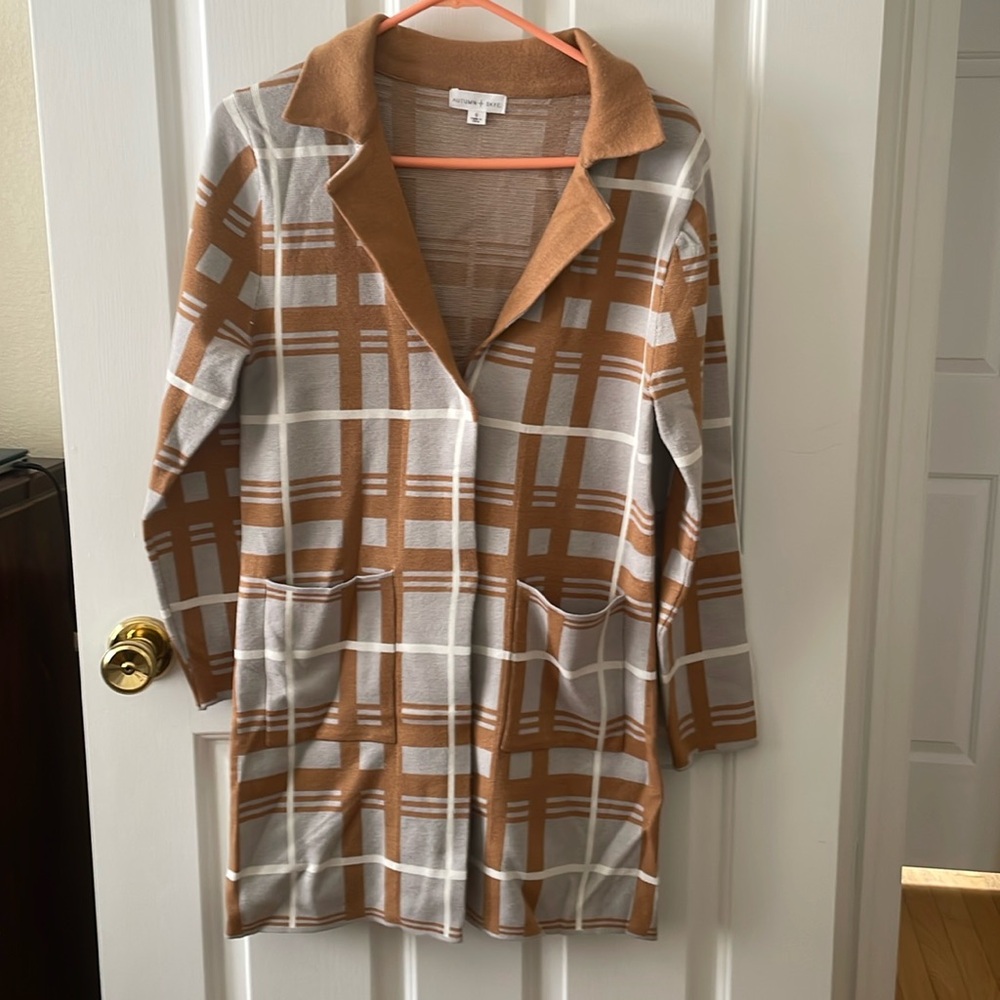 Long sweater jacket by Autumn Skye. Size S. Brown & gray. NWOT. Nice